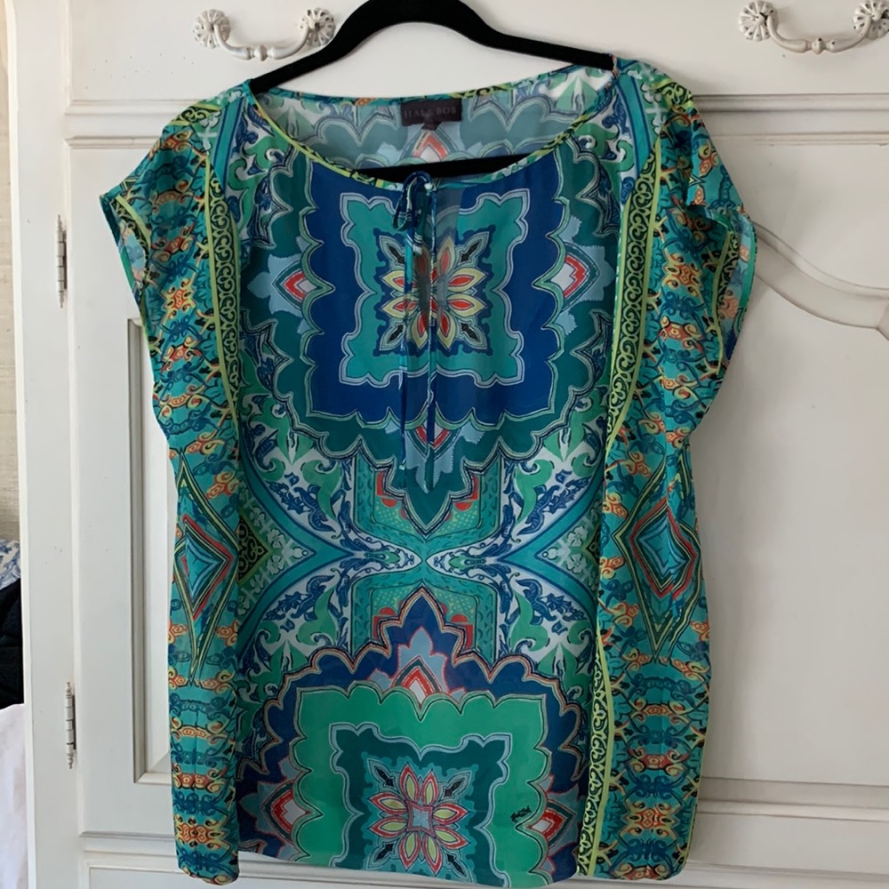 Hale Bob sheer ss blouse with tie neck